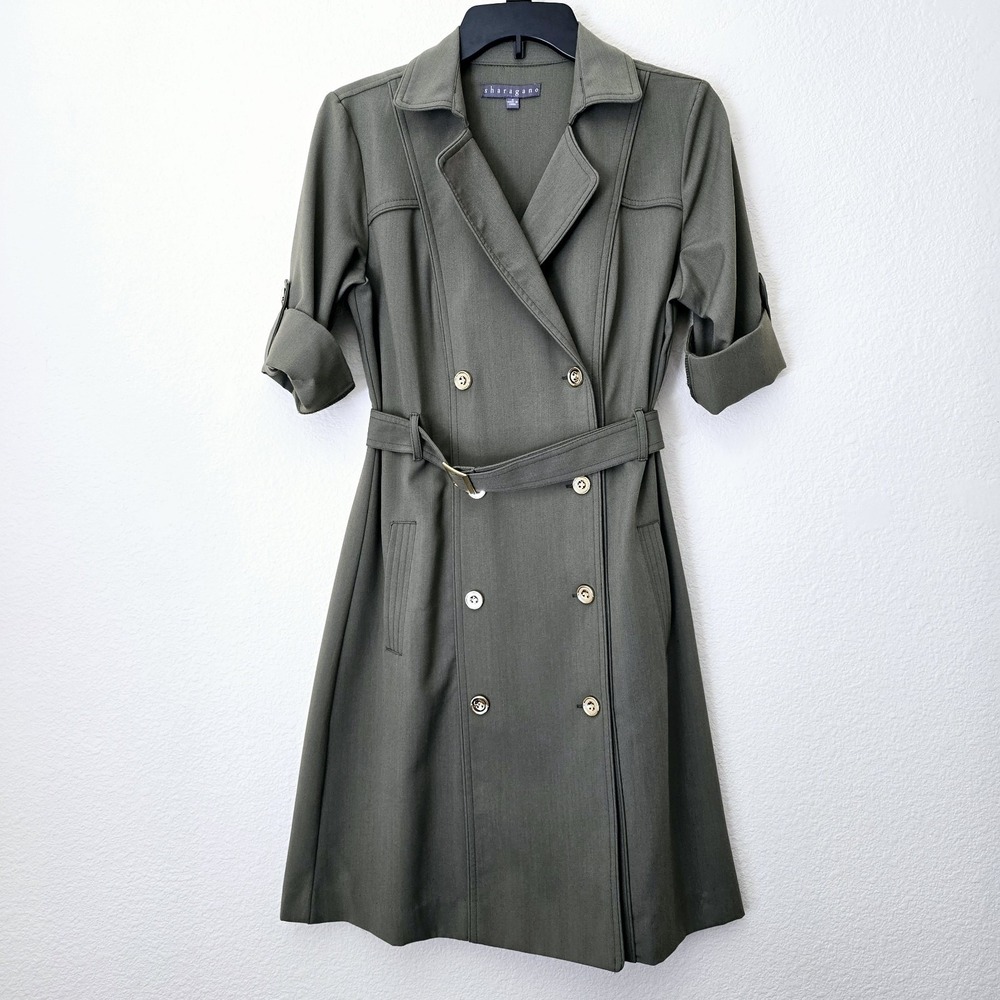 Sharagano Olive Green Double Breasted Belted Trench Dress Size 6 Gold Hardware